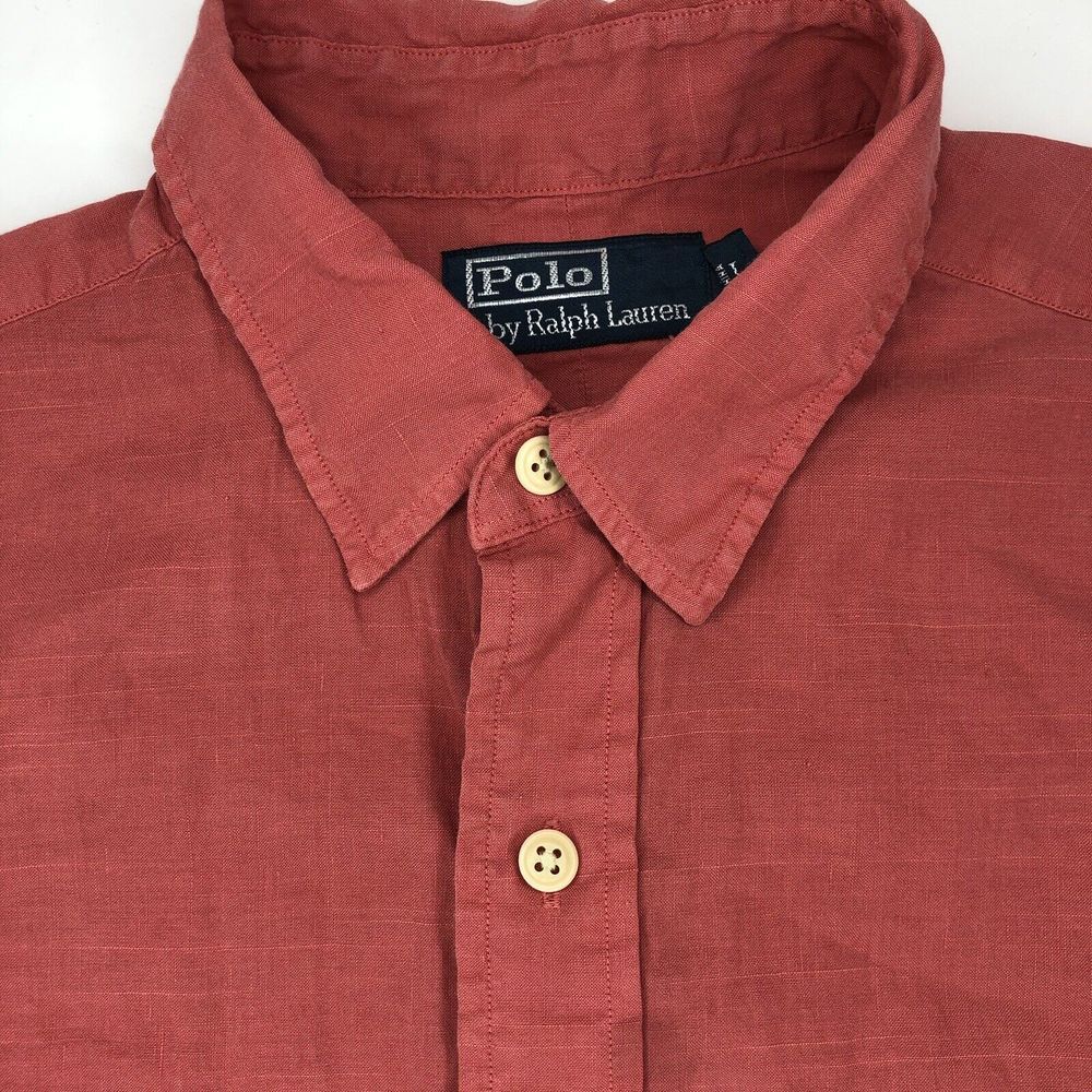 Ralph Lauren Men's‎ Large Salmon Pink Linen Pockets Button Down Casual Shirt
